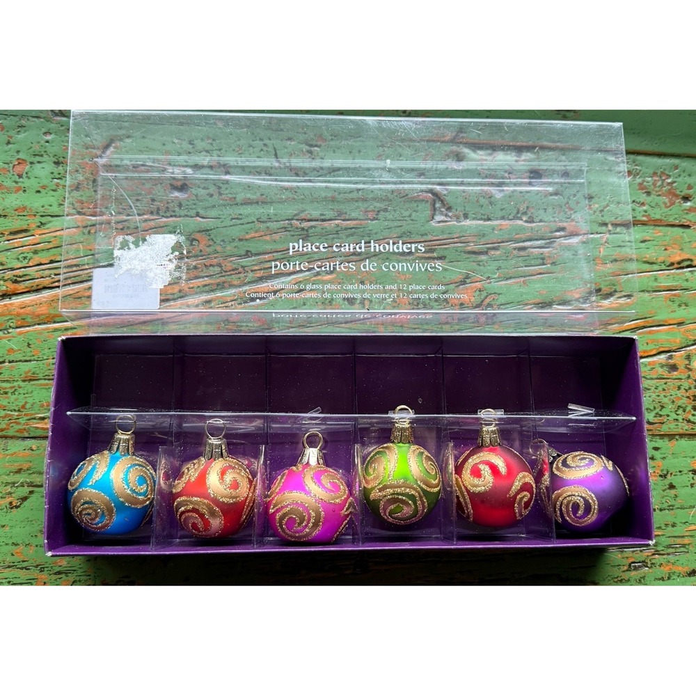 Pier 1 Christmas Bulb Table Top Card Name Place Holders Set 6 Gold Glitter Swirl